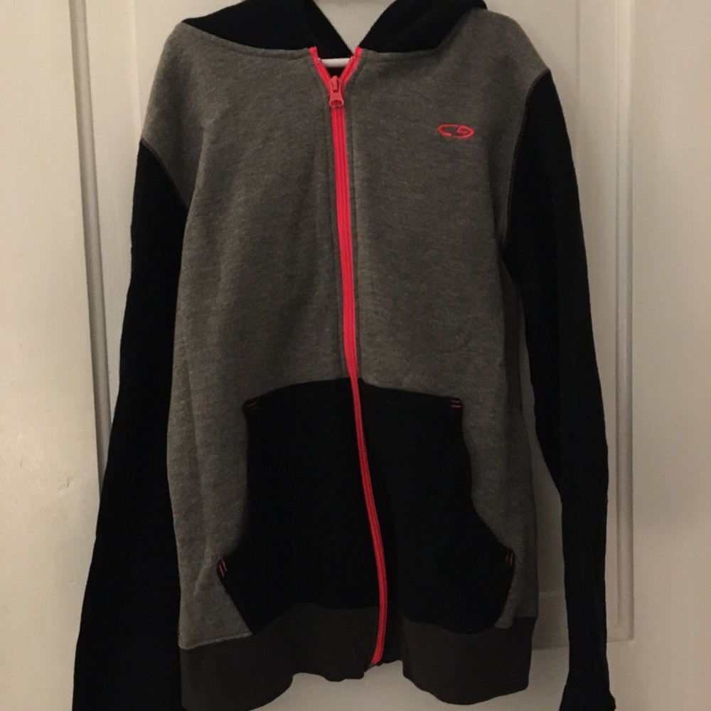 black and gray champion zip up with pink details